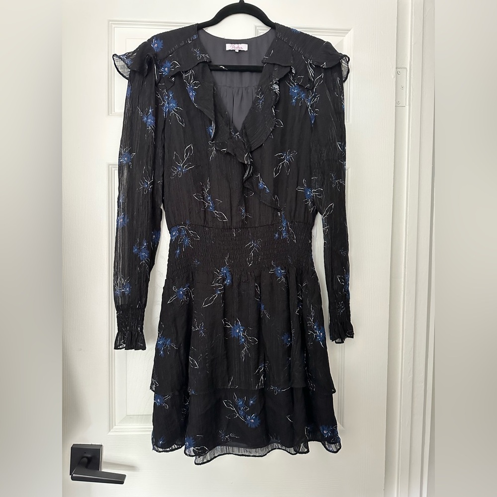 Parker Maisy Floral Smocked Mini Dress – Silk Blend, Black/Blue – Size M